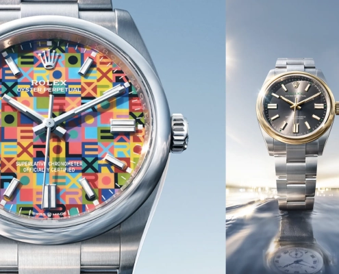 Rolex Oyster Perpetual ura z barvito številčnico in klasičen model v jeklu z zlatim robom.