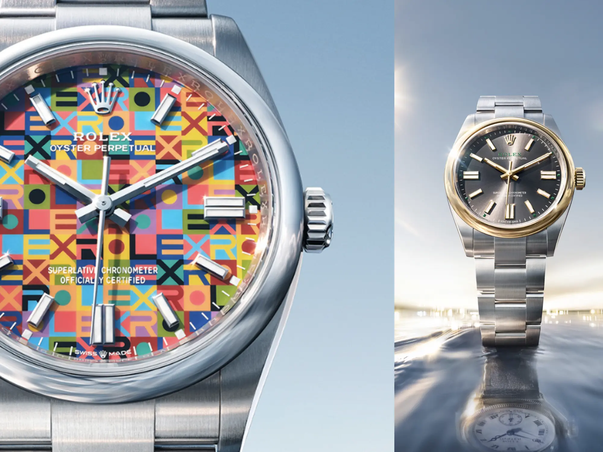 Rolex Oyster Perpetual ura z barvito številčnico in klasičen model v jeklu z zlatim robom.