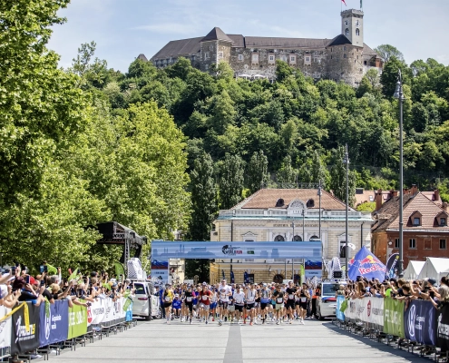 Tekači na startu Wings for Life World Run na Kongresnem trgu v Ljubljani z Ljubljanskim gradom v ozadju.