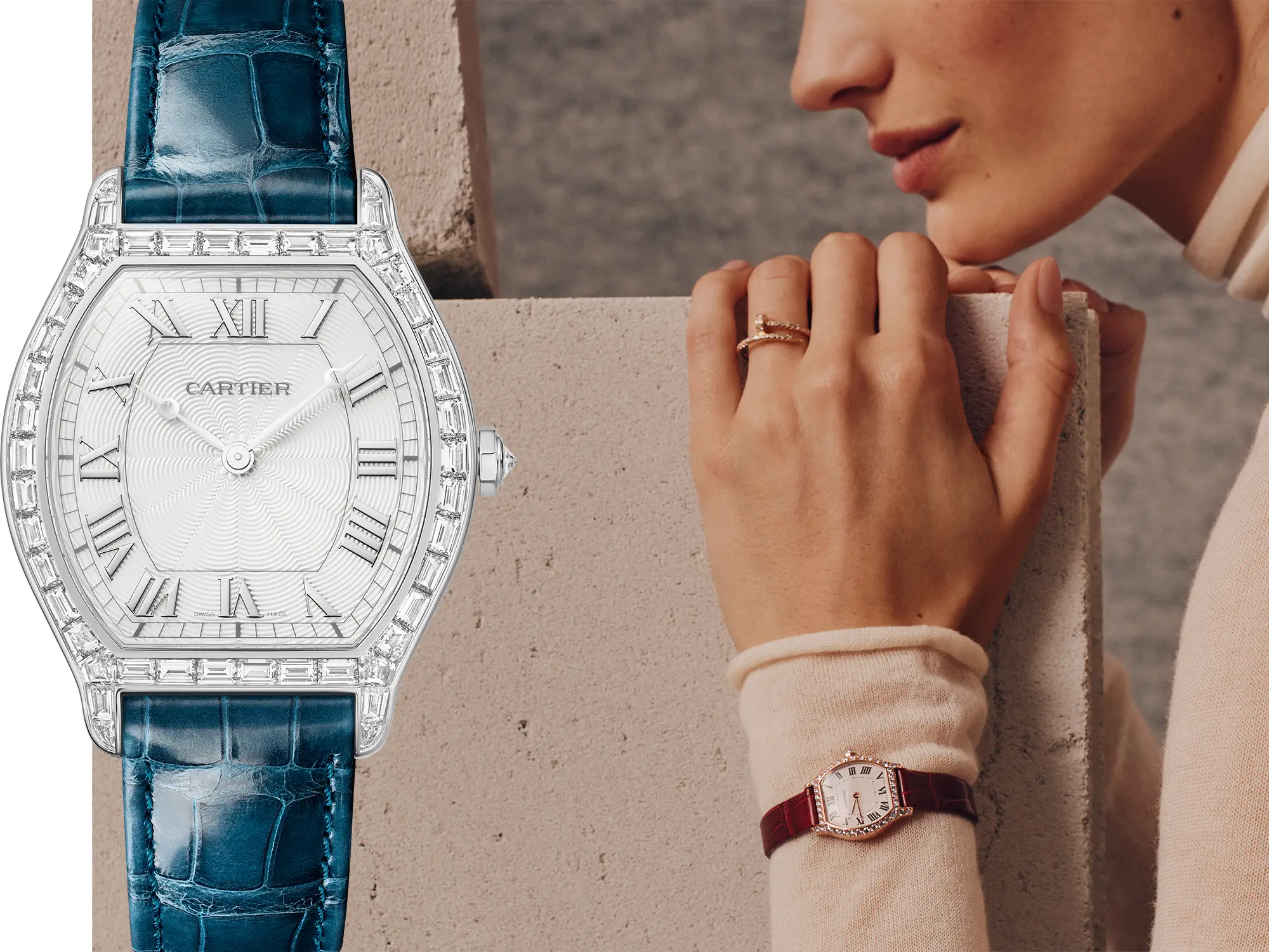 Ura Cartier Tortue z diamantnim ohišjem in modrim paščkom ob portretu ženske z uro na zapestju