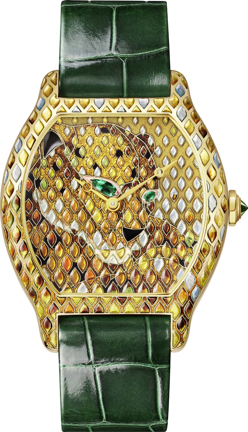 Ura Cartier Tortue Panthère Métiers d’Art iz rumenega zlata z zelenim paščkom