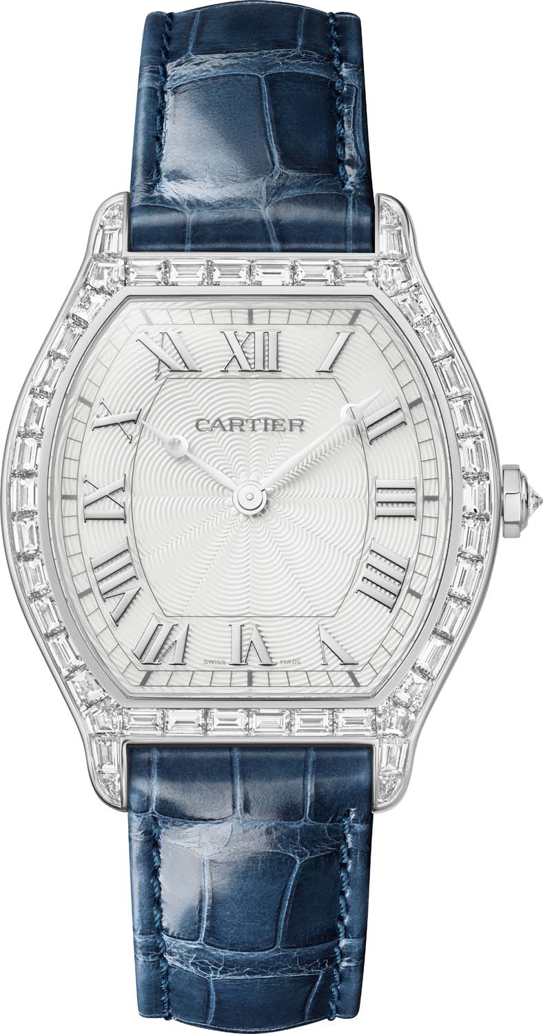 Platinasta ura Cartier Tortue z bagetnimi diamanti in modrim aligatorjevim paščkom