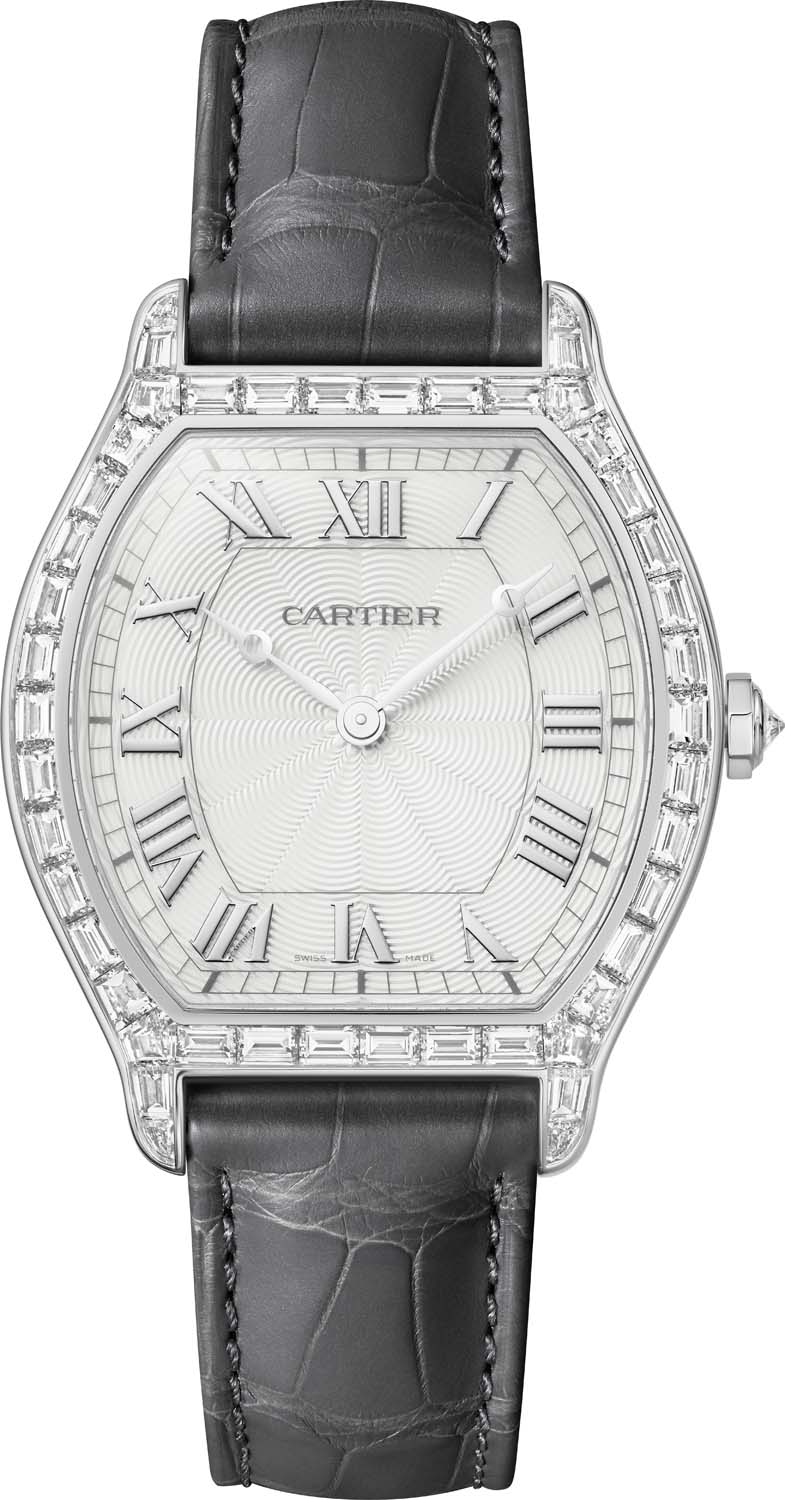 Platinasta ura Cartier Tortue z bagetnimi diamanti in sivim aligatorjevim paščkom