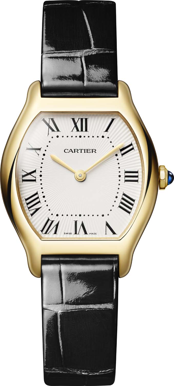 Manjša ura Cartier Tortue iz rumenega zlata s črnim aligatorjevim paščkom