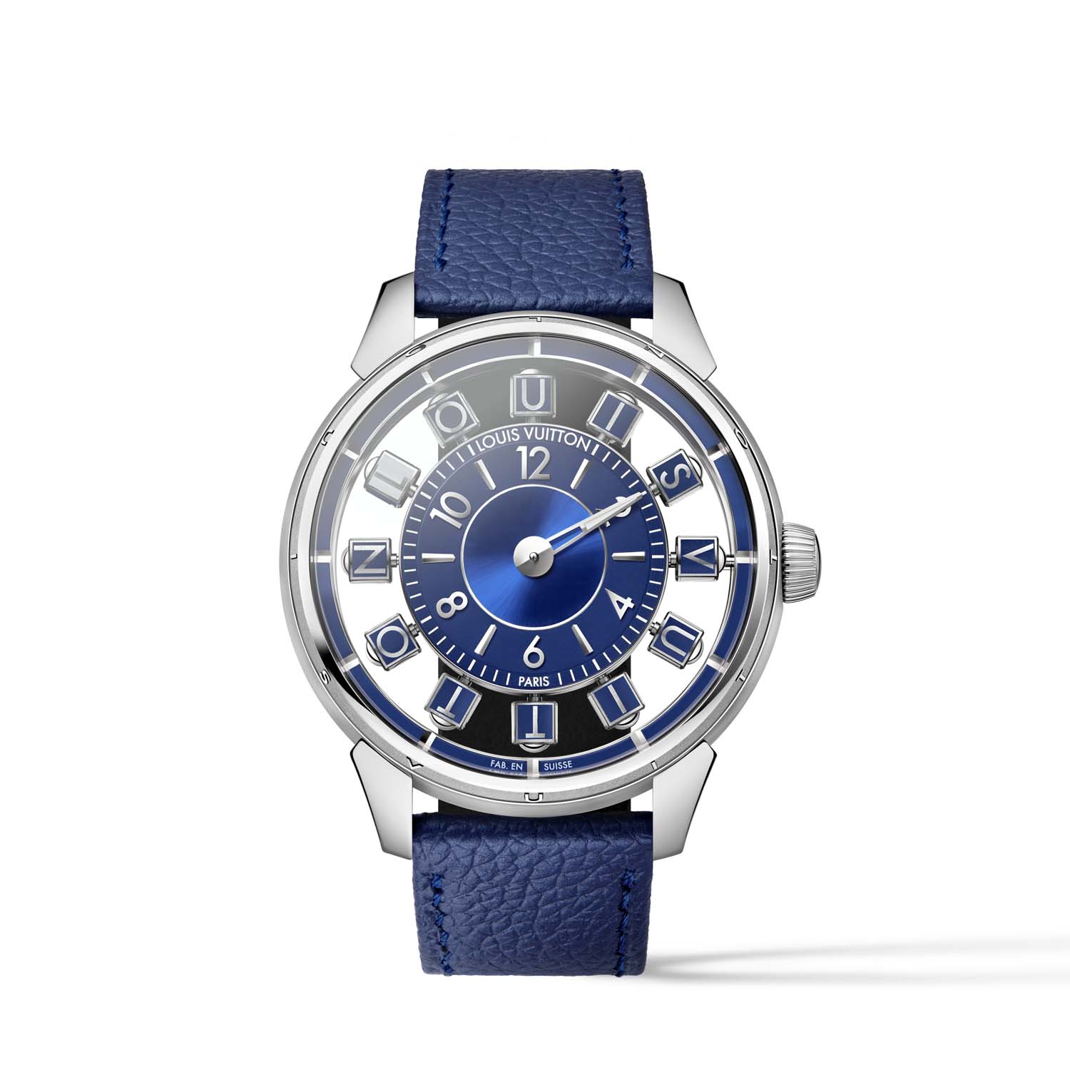 Louis Vuitton Tambour Spin Time Air Blue v belem zlatu z modrim usnjenim paščkom