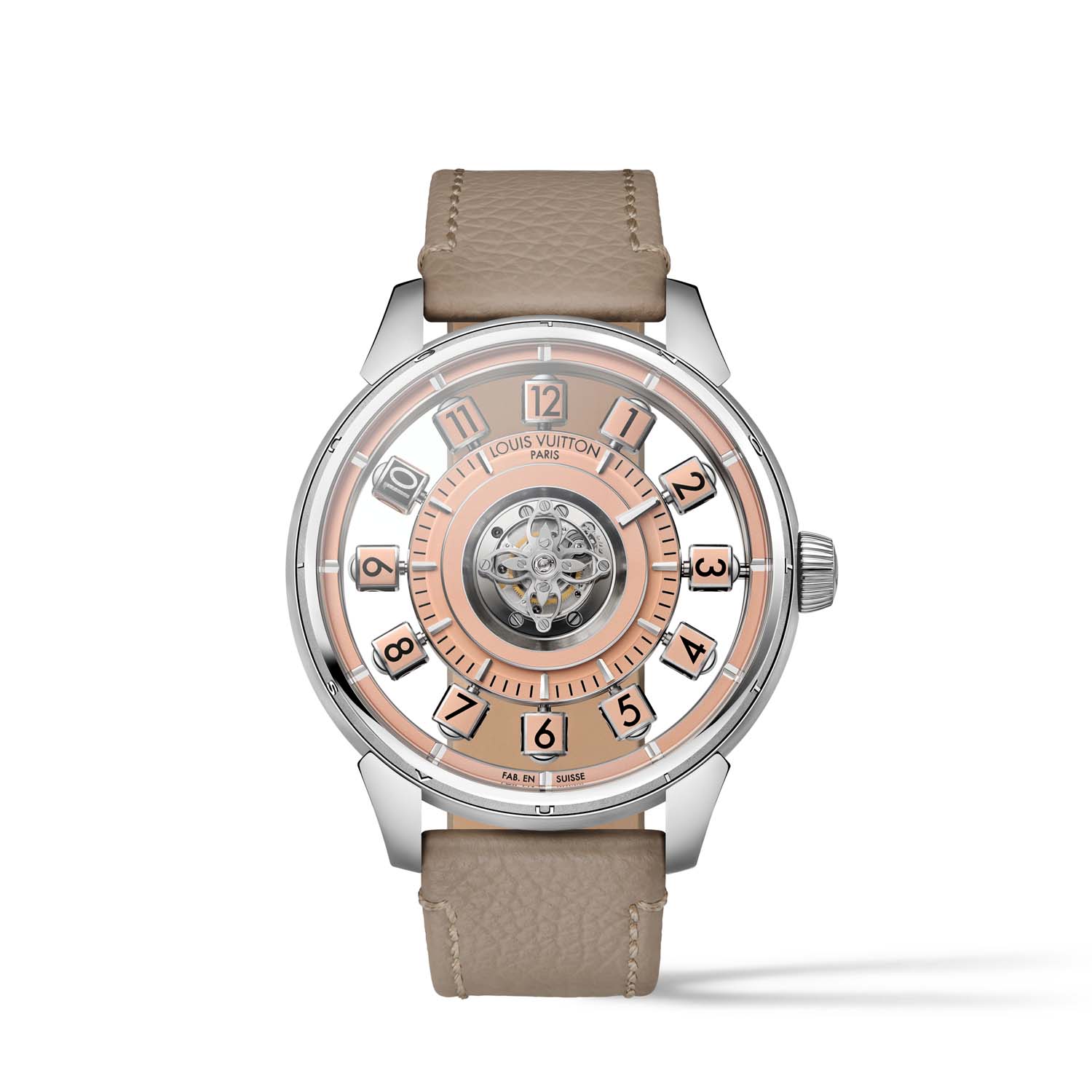 Louis Vuitton Tambour Spin Time Air Flying Tourbillon z lososovo številčnico in platinastim ohišjem