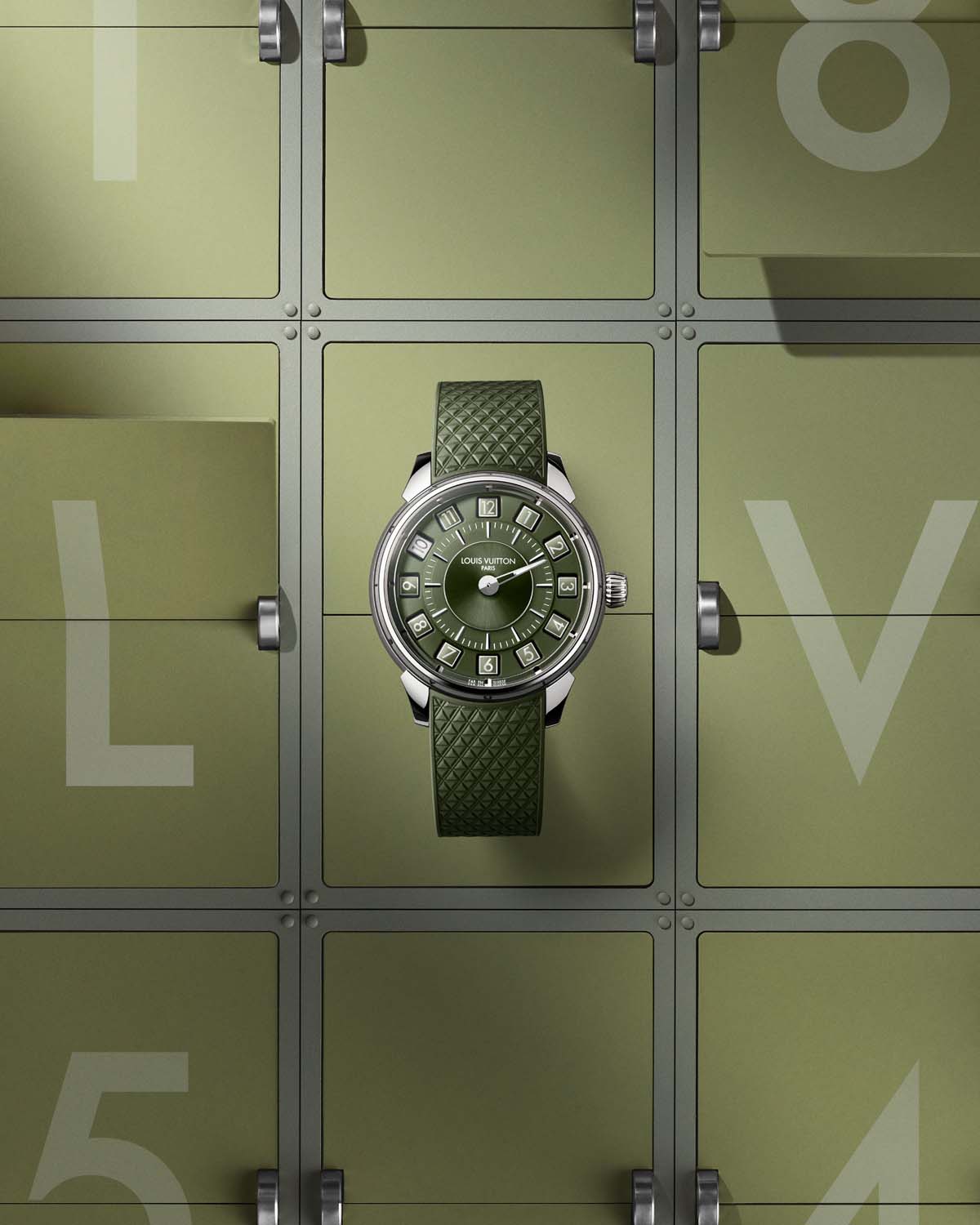 Zelena ura Louis Vuitton Tambour Spin Time med oštevilčenimi kockami