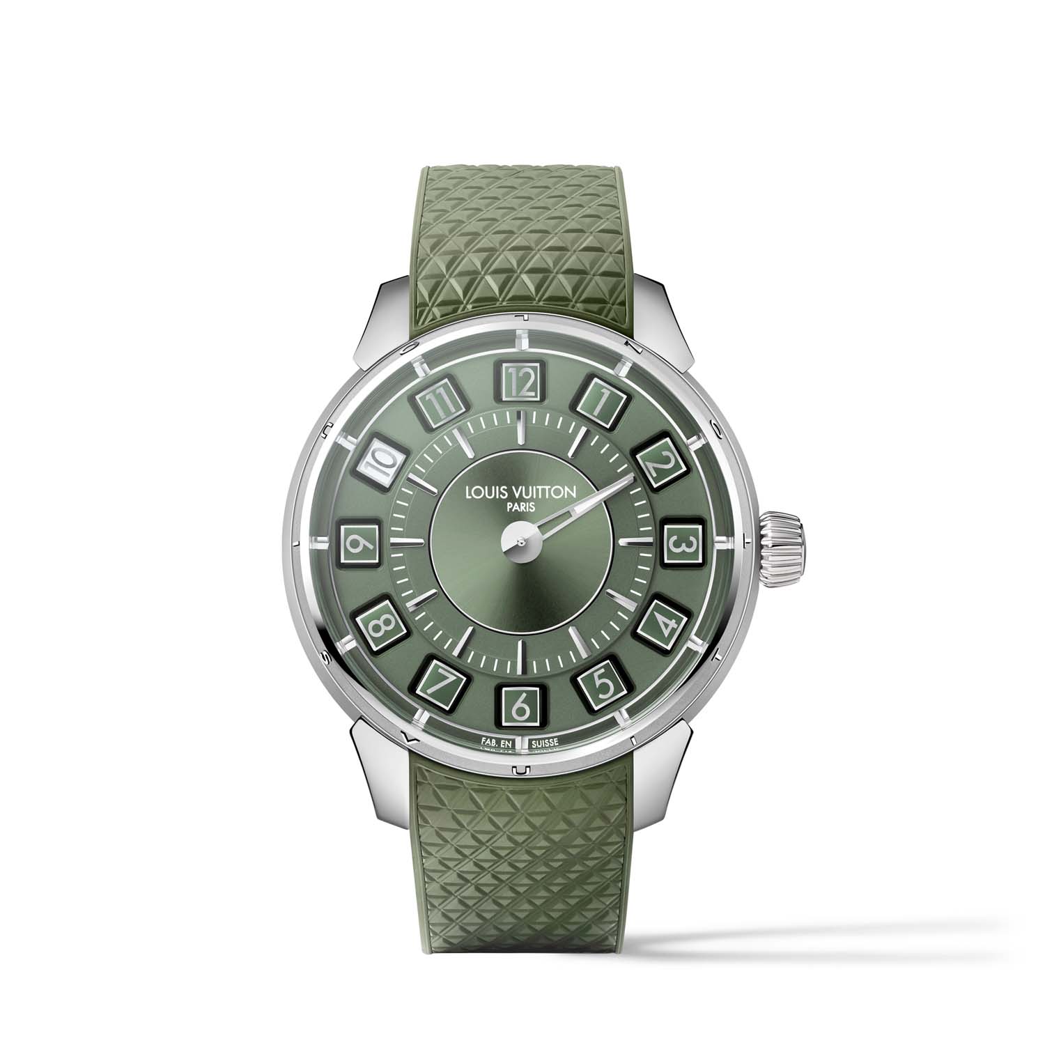 Louis Vuitton Tambour Spin Time Green v belem zlatu z zelenim gumijastim paščkom