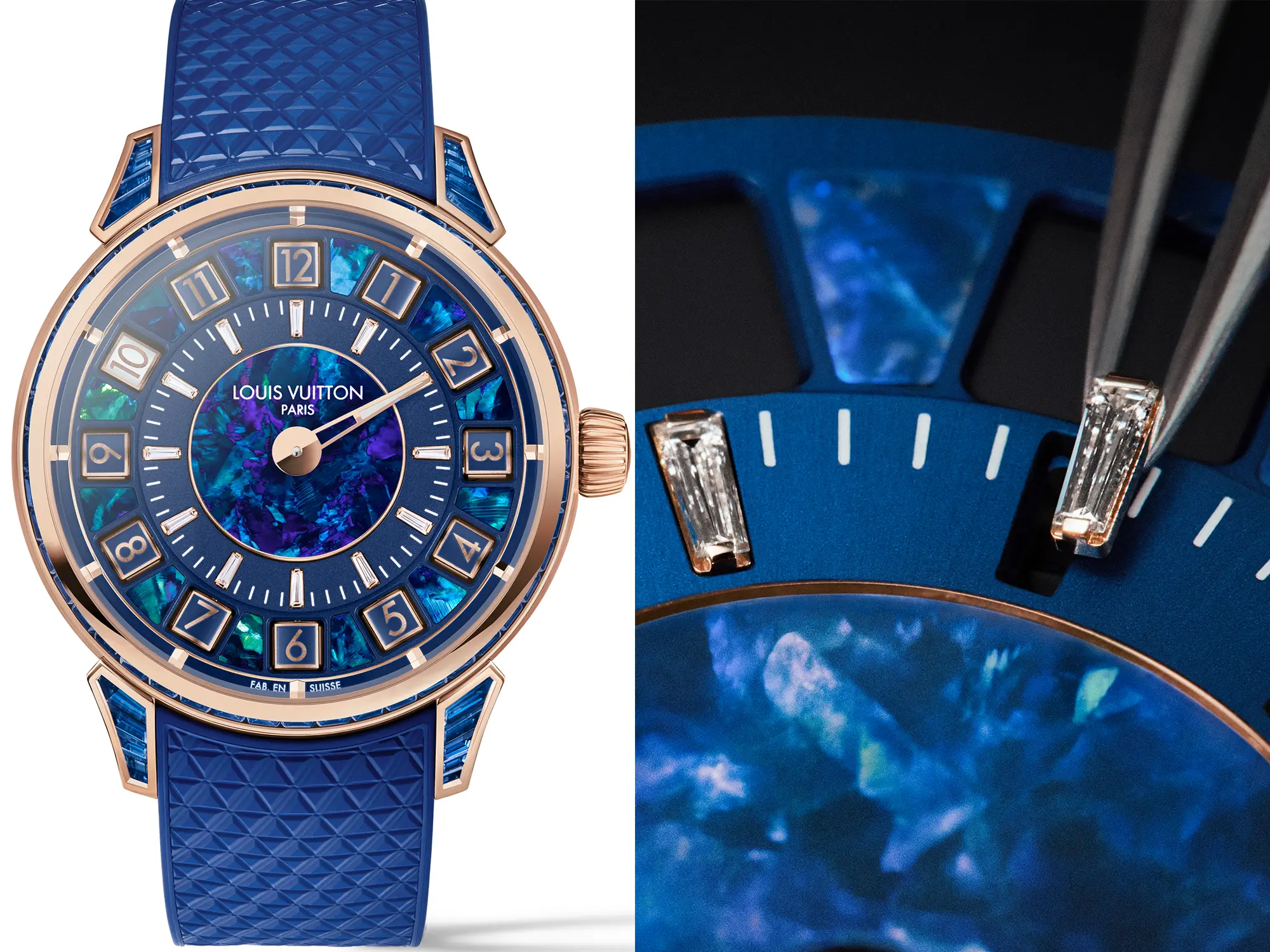 Louis Vuitton Tambour Spin Time z modrim avstralskim opalom in detajlom bagetno brušenega diamanta