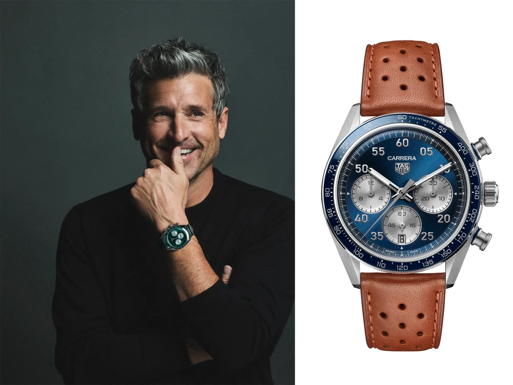 Patrick Dempsey ob modri uri TAG Heuer Carrera Chronograph Sport z rjavim usnjenim paščkom