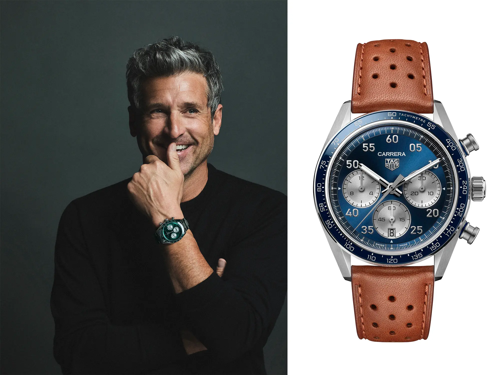 Patrick Dempsey ob modri uri TAG Heuer Carrera Chronograph Sport z rjavim usnjenim paščkom